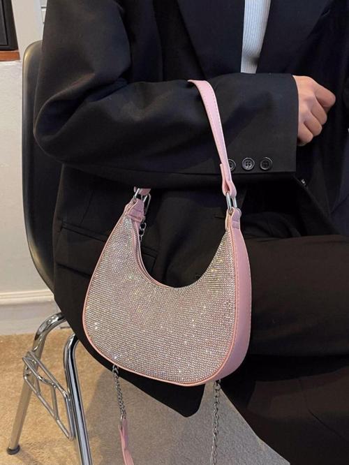 Özel Tasarım Kadın/Kız Pembe Pink Elmas Taş Detaylı Baget Baguette Çanta