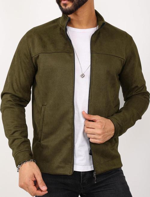 Erkek Slim Fit Haki Süet Fermuarlı Ceket-6953
