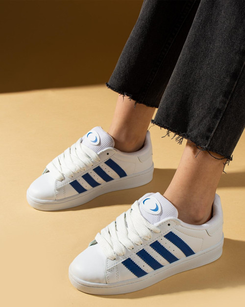 Kalın Bağcıklı Şerit Detaylı Rahat Taban Kadın Sneakers 001-3458-25Mavi