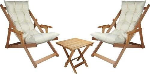 Ahşap Katlanabilir Taşınır Puf Minderli Kollu Şezlong Plaj Bahçe Balkon 3 Lü Set (Krem)