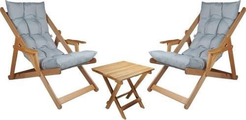 Ahşap Katlanabilir Taşınır Puf Minderli Kollu Şezlong Plaj Bahçe Balkon 3 Lü Set (Gri)