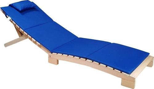 Ahşap Katlanabilir Yatar Şezlong 3 Kademe Plaj Yatağı Minder Dahil (Naturel - Mavi)
