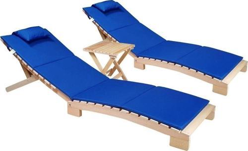 Ahşap Katlanabilir Yatar Şezlong Plaj Yatağı Minder Dahil 3 Lü Set (Naturel - Mavi)