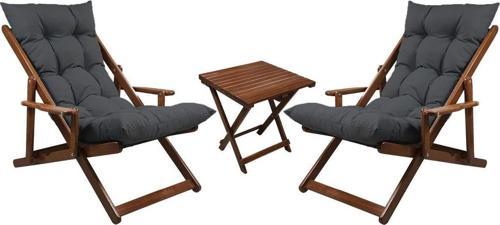 Ahşap Katlanabilir Taşınır Puf Minderli Kollu Şezlong. Plaj, Bahçe, Için 3 Lü Set (Ceviz-Antrasit)