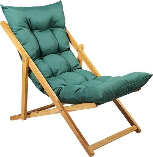 Ahşap Katlanabilir Taşınır Puf Minderli Şezlong. Plaj, Bahçe, Teras, Balkon İçin (Yeşil)