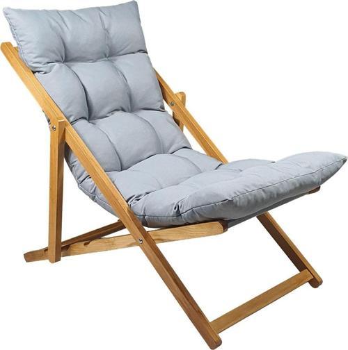 Ahşap Katlanabilir Taşınır Puf Minderli Şezlong. Plaj, Bahçe, Teras, Balkon İçin (Gri)