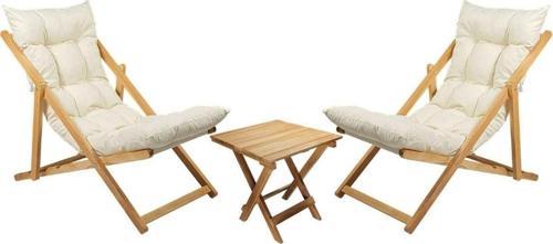 Ahşap Katlanır Taşınır Puf Minderli Şezlong. Plaj Bahçe Teras Balkon İçin 3 Lü Set-Krem