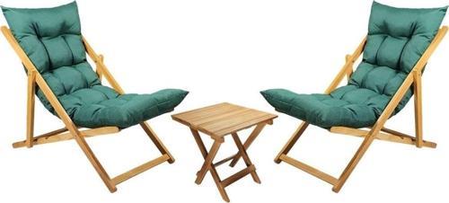 Ahşap Katlanır Taşınır Puf Minderli Şezlong. Plaj Bahçe Teras Balkon İçin 3 Lü Set-Haki