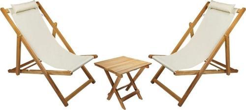 Ahşap Katlanabilir Taşınır Şezlong. Plaj, Bahçe, Teras, Balkon Şezlongu. 3 Lü Set (Krem)