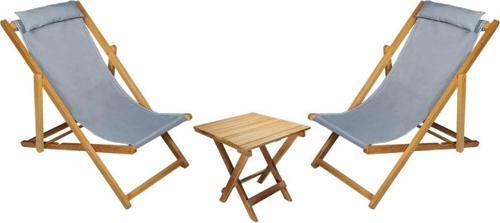 Ahşap Katlanabilir Taşınır Şezlong. Plaj, Bahçe, Teras, Balkon Şezlongu. 3 Lü Set (Gri)