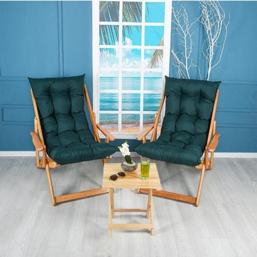 Ahşap Bahçe Takımı Katlanır Kollu Şezlong 3 Lü Set (Haki)