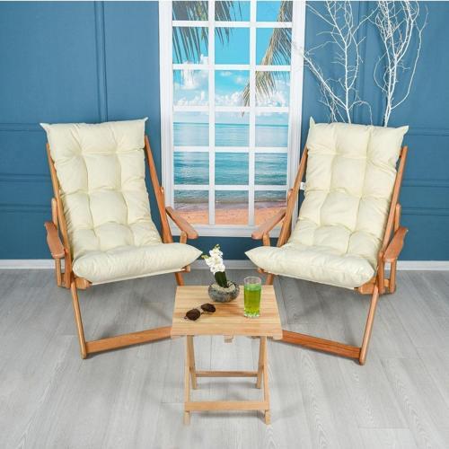 Ahşap Bahçe Takımı Katlanır Kollu Şezlong 3 Lü Set (Krem)
