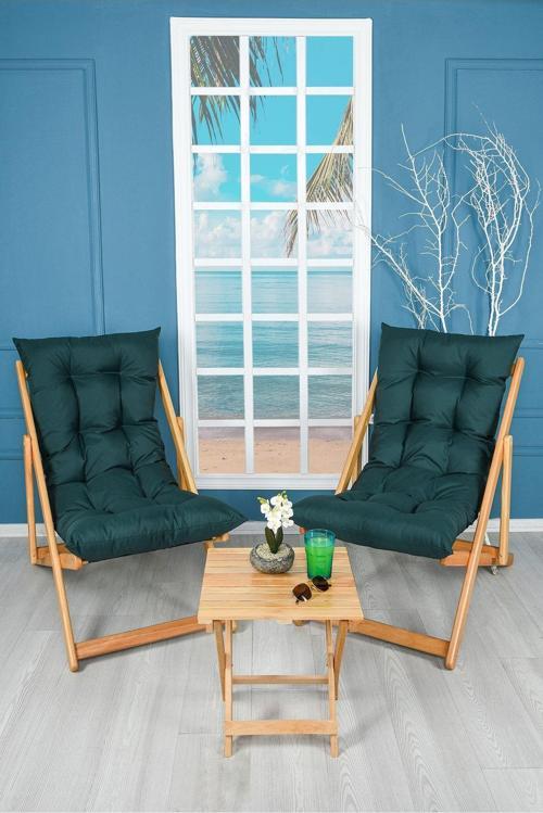 Ahşap Bahçe Takımı Katlanır Puf Minderli Şezlong 3 Lü Set (Haki)