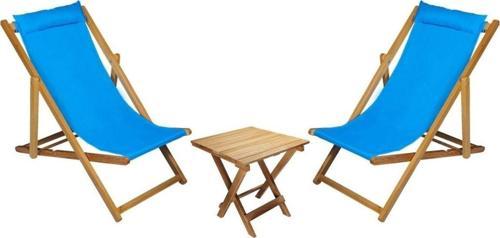 Ahşap Katlanabilir Bahçe Seti, Masa Sandalye 3 Lü Set, Teras Plaj Balkon Şezlongu (Turkuaz)