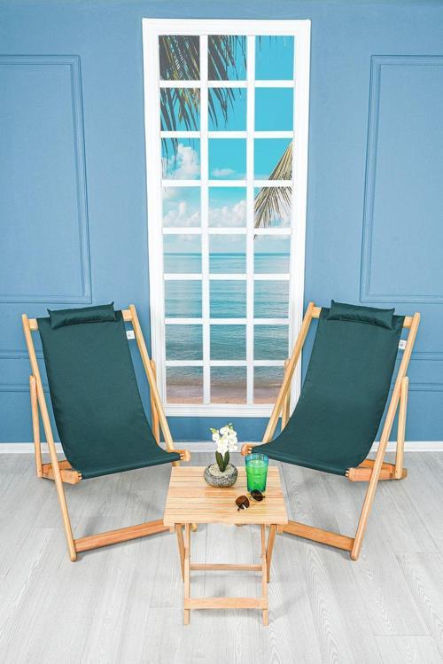 Ahşap Katlanabilir Bahçe Seti, Masa Sandalye 3 Lü Set, Teras Plaj Balkon Şezlongu (Haki)