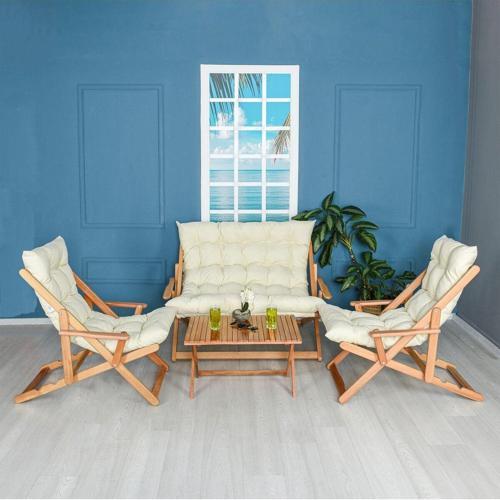 Ahşap Katlanabilir Puf Minderli Kollu Şezlong Plaj Balkon Bahçe Takımı 4 Lü Set (Krem)