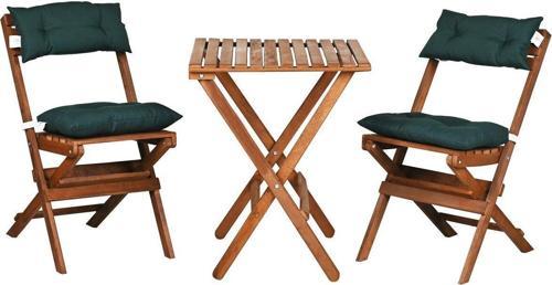Ahşap Katlanır Minderli 3 Lü Bistro Set Mutfak Balkon Bahçe Masa Sandalye Seti (Ceviz-Yeşil)