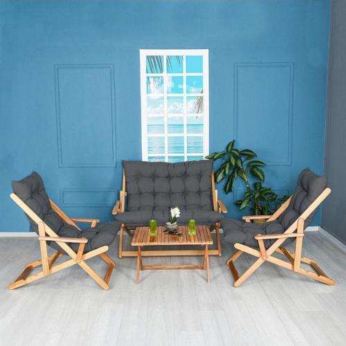 Ahşap Katlanabilir Puf Minderli Kollu Şezlong Plaj Balkon Bahçe Takımı 4 Lü Set (Antrasit)