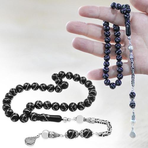 925 Ayar Gümüş Kral Zincir Püsküllü Gümüş Piramit İşlemeli Küre Kesim Erzurum Oltu Taşı Tesbih