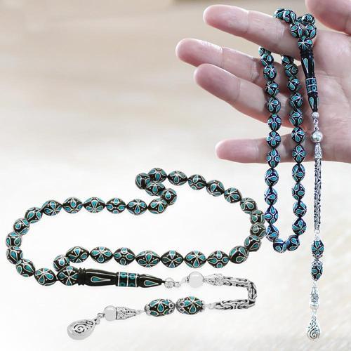925 Ayar Gümüş Kral Zincir Püsküllü Gümüş-Firuze İşlemeli Erzurum Oltu Taşı Tesbih