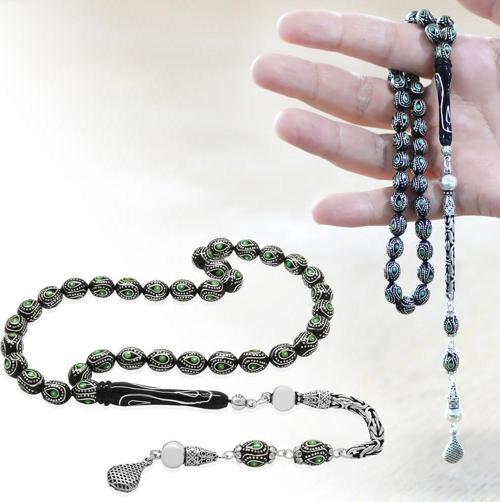 925 Ayar Gümüş Kral Zincir Püsküllü Gümüş-Mine İşlemeli Arpa Kesim Erzurum Oltu Taşı Tesbih