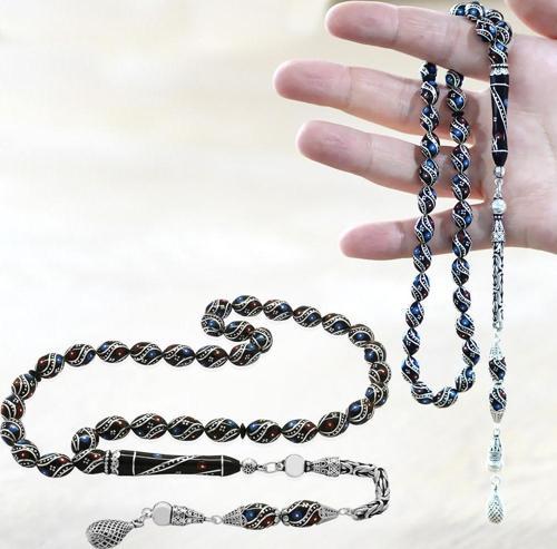 925 Ayar Gümüş Kral Zincir Püsküllü Helezon Motifli Gümüş-Firuze-Mercan İşlemeli Arpa Kesim Erzurum Oltu Taşı Tesbih