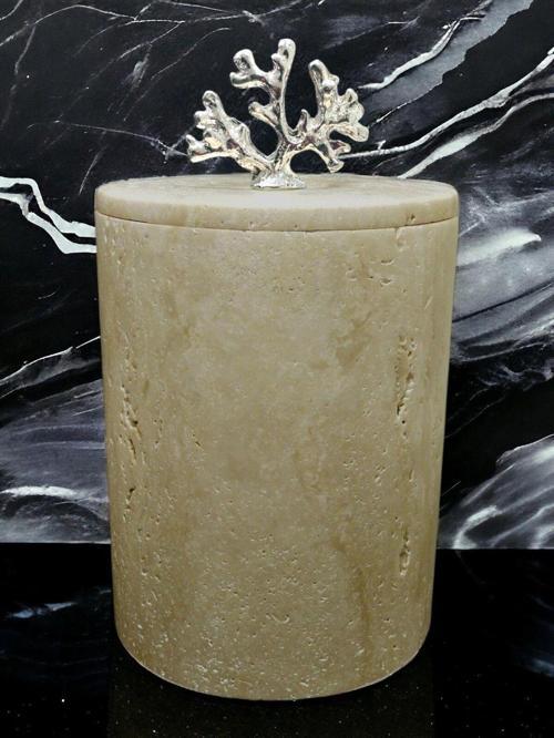 Urestone Mermer Çöp Kovası-Mermer Kapaklı Kutu-Traverten Çöp Kovası-Gümüş Aksesuarlı 15x20 cm
