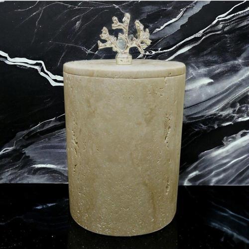 Urestone Mermer Çöp Kovası-Mermer Kapaklı Kutu-Traverten Çöp Kovası-Gold Aksesuarlı 15x20 cm