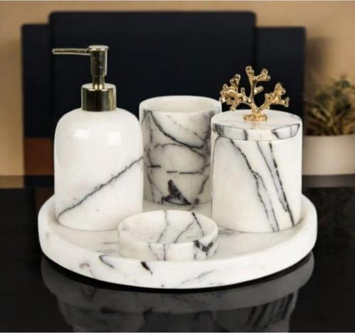 Urestone Leylak Mermer 5 Parça Banyo Seti-Tepsi-Katı Sabunluk-Sıvı Sabunluk-Diş Fırçalık-Pamukluk