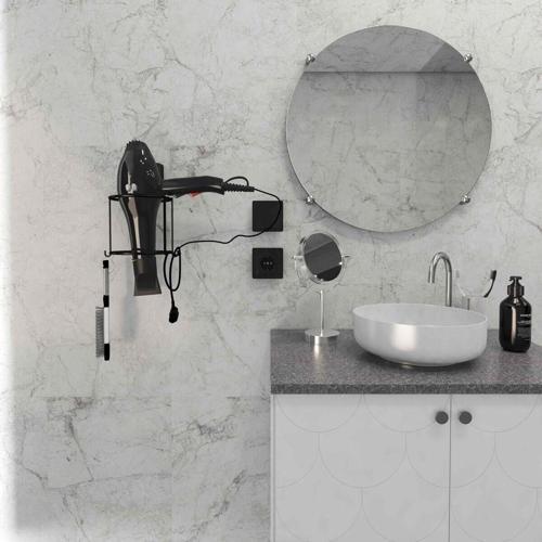 DC-5119 Dekoratik Siyah Yapıştırmalı Fön Banyo Metal Saç Kurutma Fön Makinesi Askısı Pratik