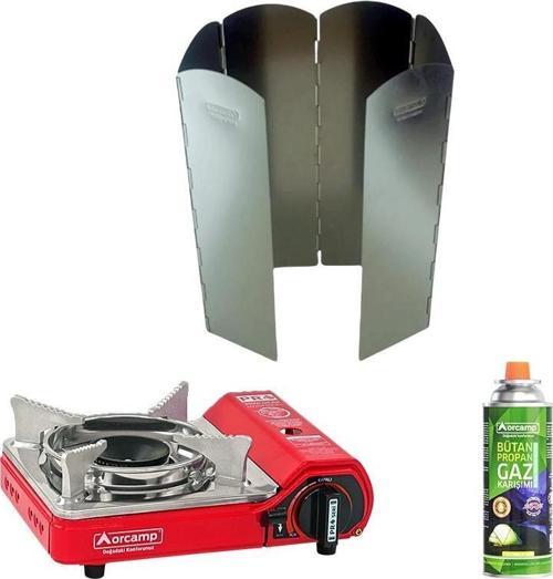 Tekli Mini Portatif Ocak Kırmızı+1 Adet Kartuş KTS-227+ 6 Kanatlı Büyük Rüzgarlık ORC-013-K1