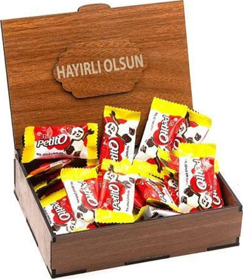 Sevdiklerinize Özel Ahşap Hediye Kutusunda 24 Adet Petito ( Hayırlı Olsun Yazılı )