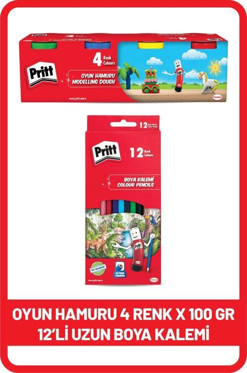 12'li Uzun Kuru Boya Kalemi + Pritt oyun hamuru 4 renk x 100 gr