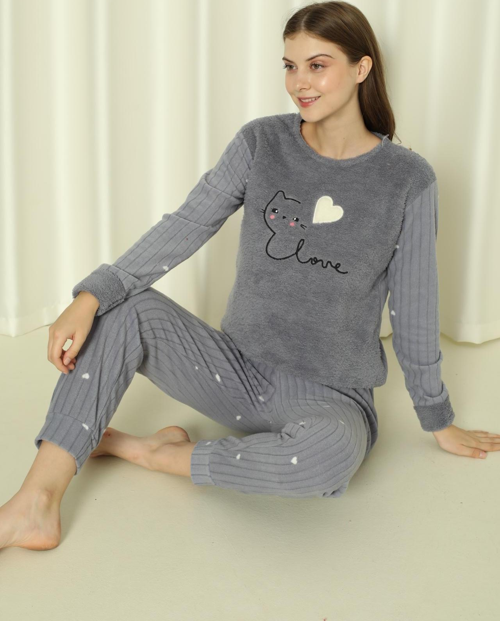 Fawn 04-3309 Peluş Welsoft Polar Kışlık Yumoş Kalpli Kedili Kadın Pijama Takımı