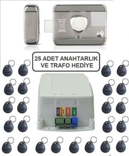 Kale SESSİZ + GÜVENLİ manyetik elektrikli trajlı apartman kapı kilidi motorlu otomat + kartlı sistemi + trafosu + 25 çip