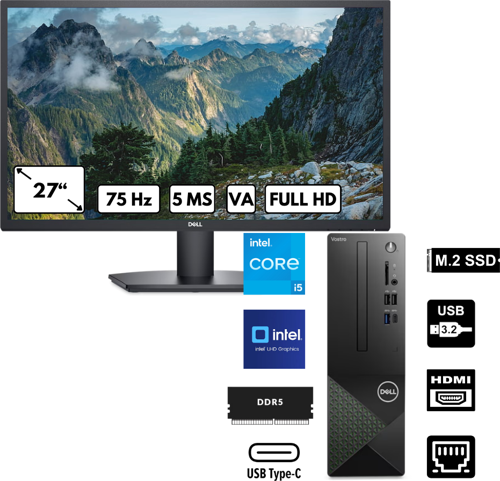 Vostro 3030 i5-12400 32 GB 1 TBSSD UHD Graphics Windows 11 Home + 27" FHD 5MS Monitör N6004VDT3030MTU_SE2725HBT33