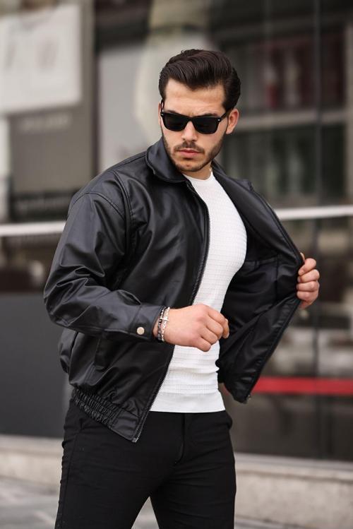 Streetwear Siyah Oversize Rahat Kesim Bel Lastikli Deri Ceket