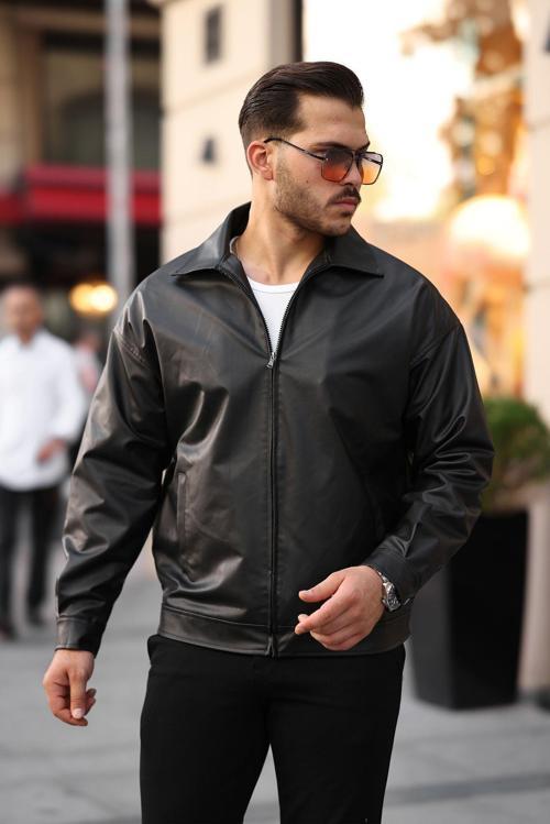 Erkek Yeni Sezon Siyah Streetwear Oversize Rahat Kesim Deri Ceket
