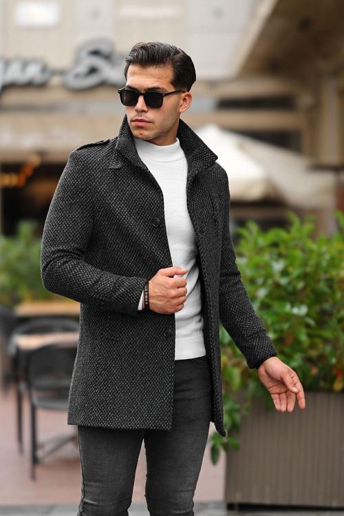 Erkek Dar Kesim Dik Yaka Uzun Yün Karışımlı Koyu Desenli Kaşe Kaban