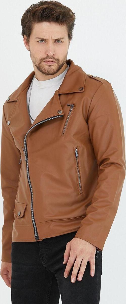 Erkek Taba Yeni Sezon Çapraz Fermuarlı Deri Ceket