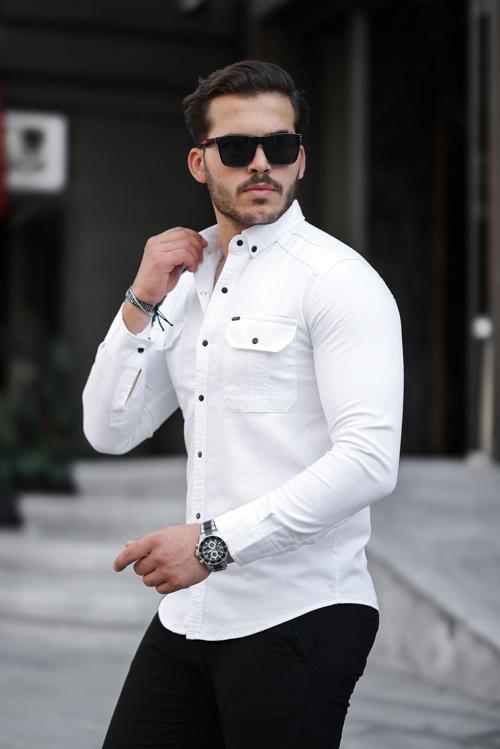 Erkek Beyaz Slim Fit Dar Kesim  Kot Gömlek