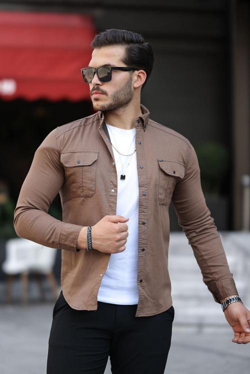 Erkek Kahverengi Slim Fit Dar Kesim Kot Gömlek