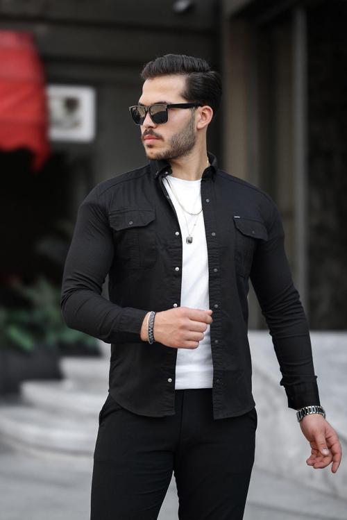 Erkek Siyah Slim Fit Dar Kesim Kot Gömlek