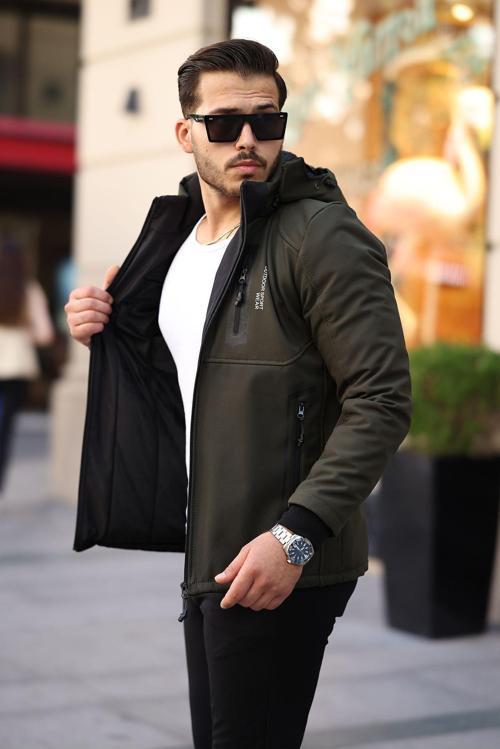 Outdoor Kapüşonlu Su Ve Rüzgar Geçirmez Kapitone Içi Kürklü Elyaf Dolgulu Şişme Haki Softshell Mont