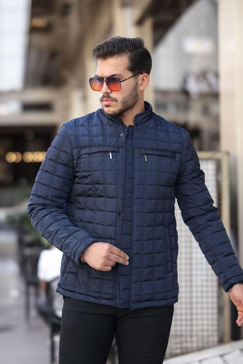 Erkek Lacivert İçi Kürklü Şişme Mont & Kaban Su Itici Rüzgar Geçirmez Kapitone Klasik Comfort