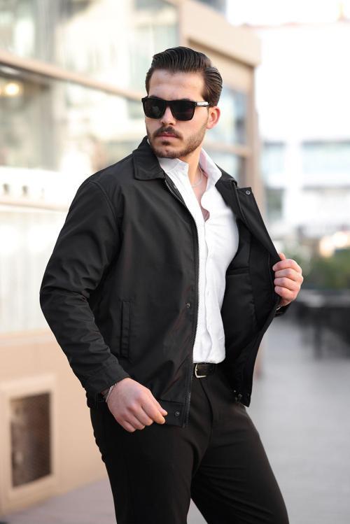 Erkek Siyah Su Ve Rüzgar Geçirmez Oversize Rahat Kesim Bel Lastikli Astarlı Mevsimlik Mont