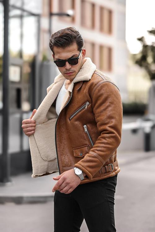 Erkek Napa Deri İçi Full Kürklü Yüksek Kalite Slim Fit Taba Mont & Ceket