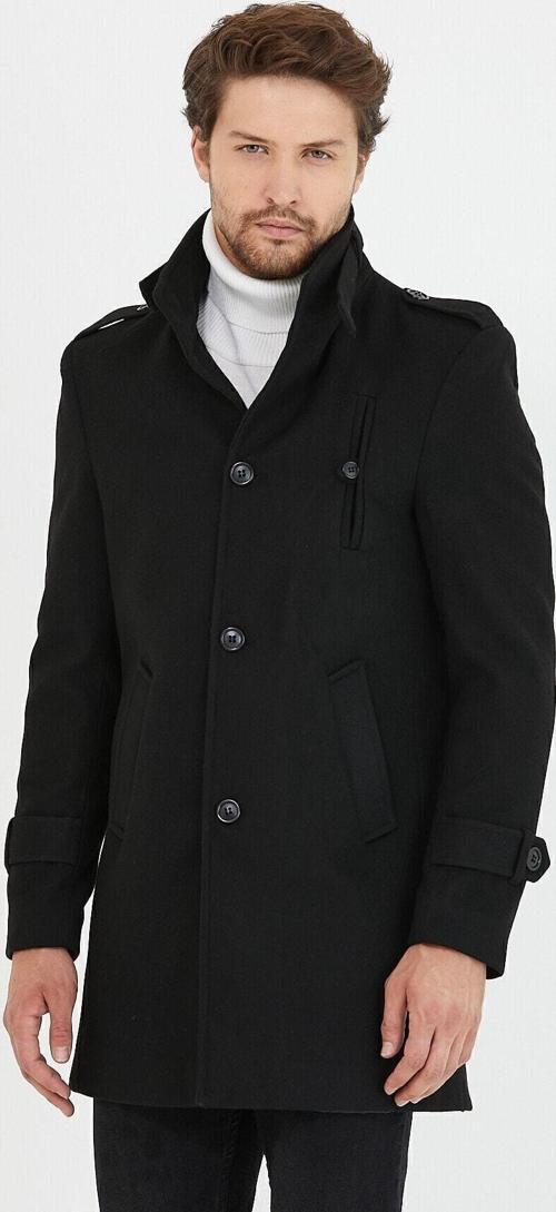 Erkek Siyah Dar Kesim Dik Yaka Uzun Yün Karışımlı Kaşe Kaban