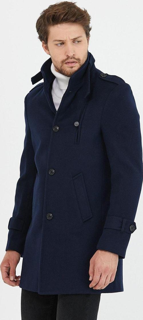 Erkek Lacivert Dar Kesim Dik Yaka Uzun Yün Karışımlı Kaşe Kaban