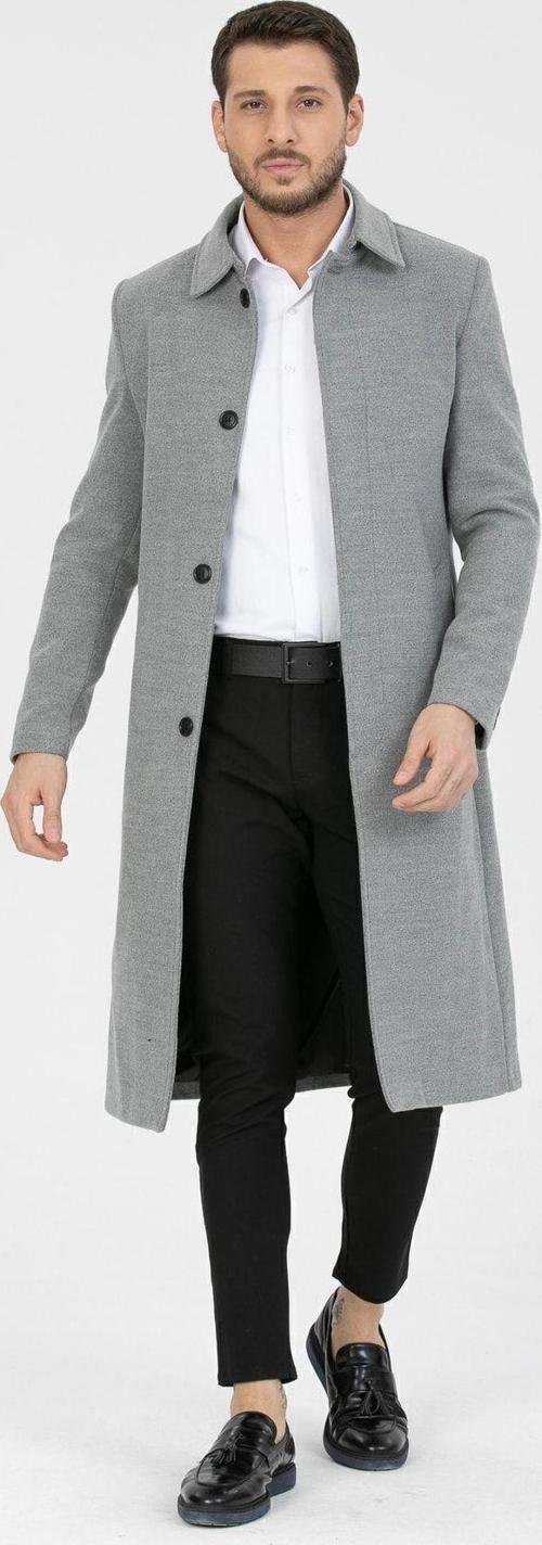 Erkek Açık Gri Dar Kesim Uzun Yün Karışımlı Kaşe Gömlek Yaka Palto&Kaban